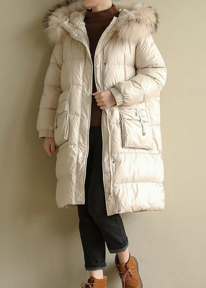 Casual beige warm winter coat oversize hooded winter jacket faux fur collar New winter outwear - SooLinen