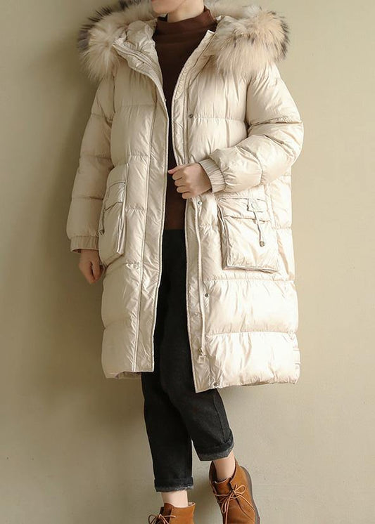 Casual beige warm winter coat oversize hooded winter jacket faux fur collar New winter outwear - SooLinen