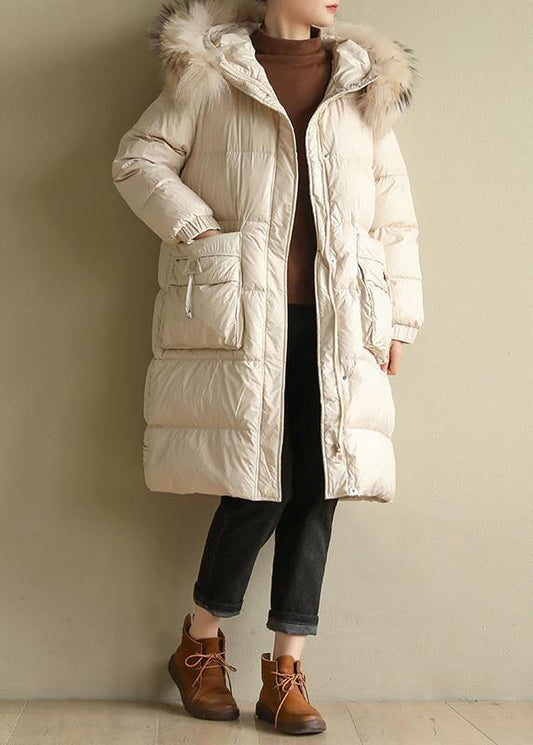 Casual beige warm winter coat oversize hooded winter jacket faux fur collar New winter outwear - SooLinen