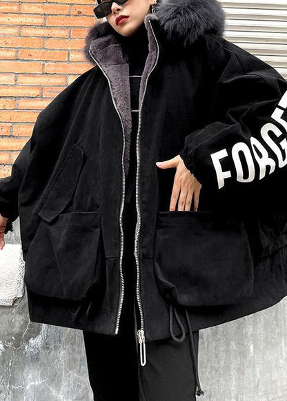Casual black Letter coats plus size snow jackets faux fur collar pockets coats - SooLinen