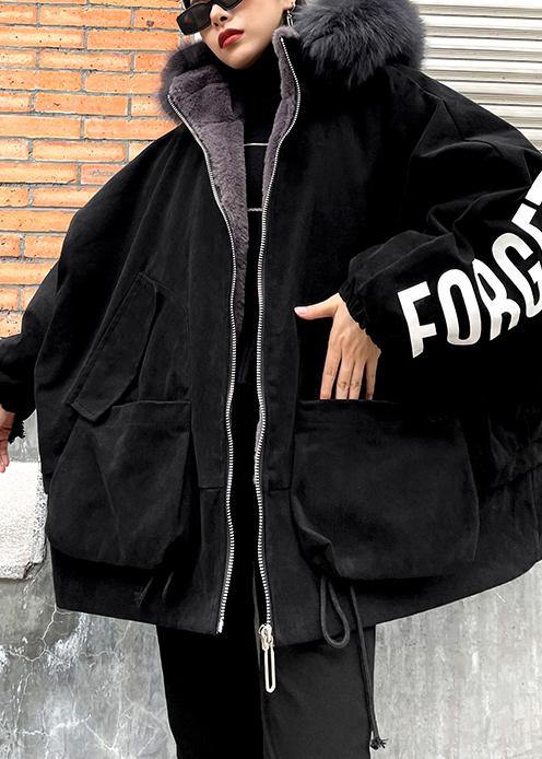 Casual black Letter coats plus size snow jackets faux fur collar pockets coats - SooLinen