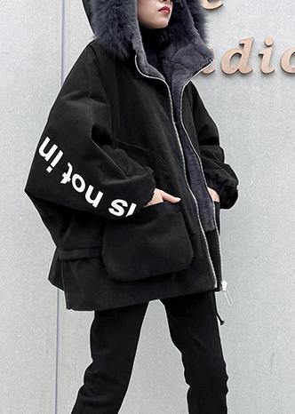 Casual black Letter coats plus size snow jackets faux fur collar pockets coats - SooLinen