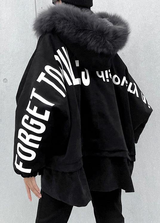 Casual black Letter coats plus size snow jackets faux fur collar pockets coats - SooLinen
