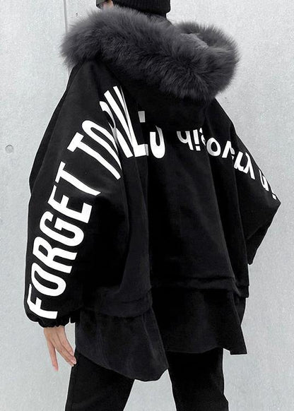 Casual black Letter coats plus size snow jackets faux fur collar pockets coats - SooLinen