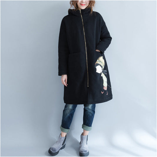 Lässige schwarze Parkas für Damen, lässige Kapuzenjacken und -mäntel, warmer Mantel mit Aufdruck
