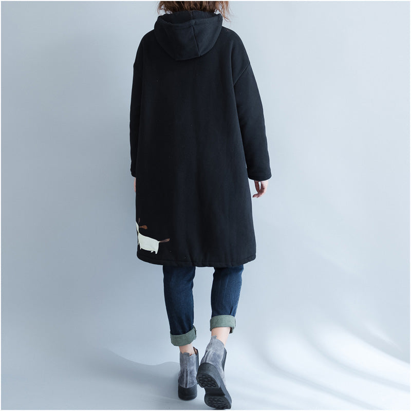 Lässige schwarze Parkas für Damen, lässige Kapuzenjacken und -mäntel, warmer Mantel mit Aufdruck