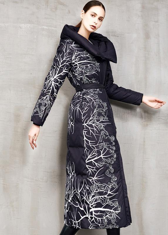 Casual black prints down jacket woman oversize hooded winter jacket tie waist New winter outwear - SooLinen