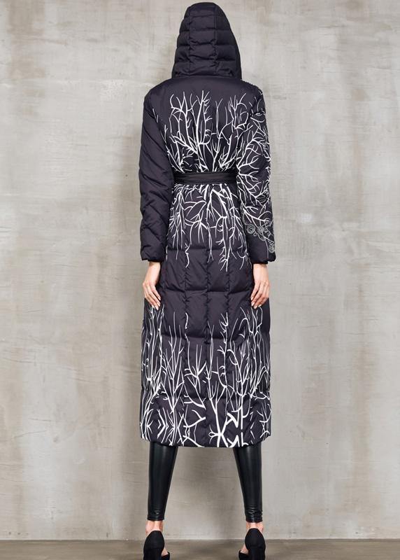Casual black prints down jacket woman oversize hooded winter jacket tie waist New winter outwear - SooLinen