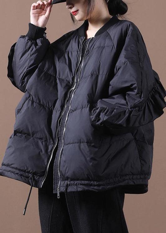Casual black warm winter coat oversize winter jacket stand collar Ruffles Casual Jackets - SooLinen