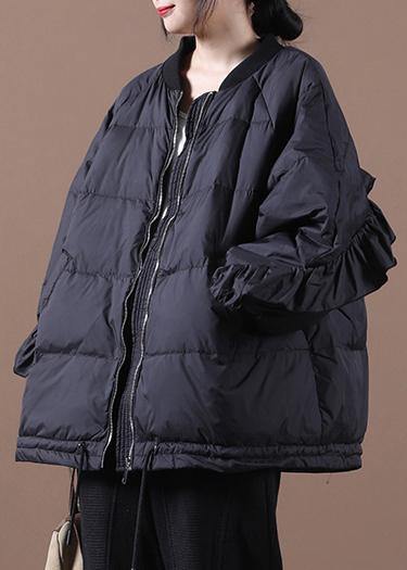 Casual black warm winter coat oversize winter jacket stand collar Ruffles Casual Jackets - SooLinen