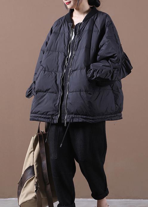 Casual black warm winter coat oversize winter jacket stand collar Ruffles Casual Jackets - SooLinen