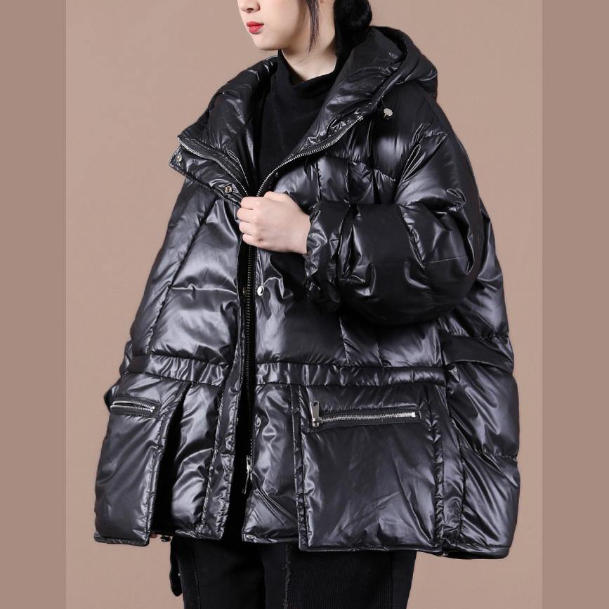 Casual black warm winter coat plus size clothing down jacket hooded zippered Casual overcoat - SooLinen