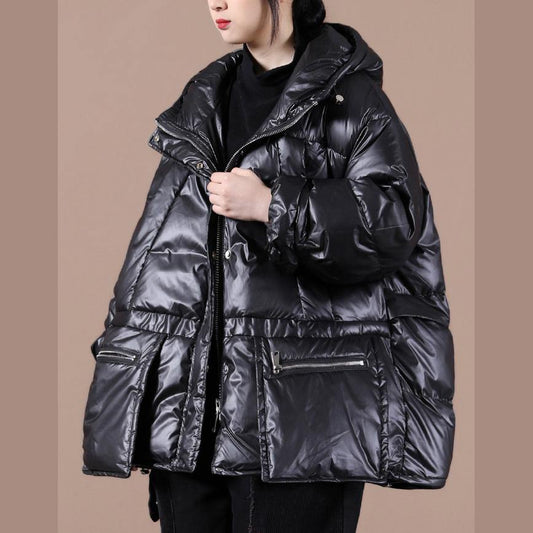 Casual black warm winter coat plus size clothing down jacket hooded zippered Casual overcoat - SooLinen