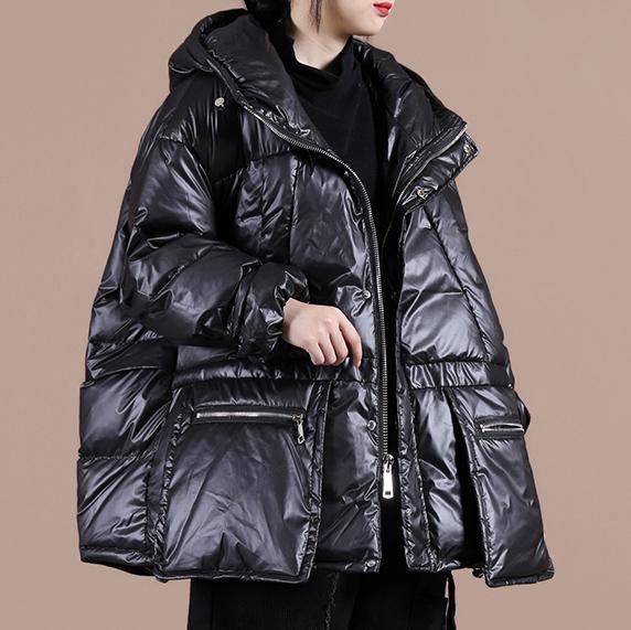 Casual black warm winter coat plus size clothing down jacket hooded zippered Casual overcoat - SooLinen