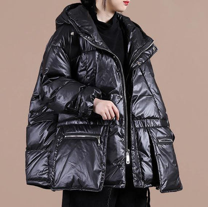 Casual black warm winter coat plus size clothing down jacket hooded zippered Casual overcoat - SooLinen