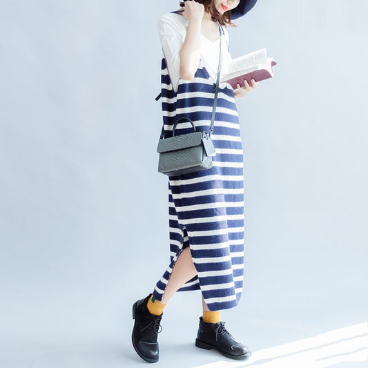 Lässiges blau-weiß gestreiftes Strickkleid für den Herbst in Übergröße für Damen