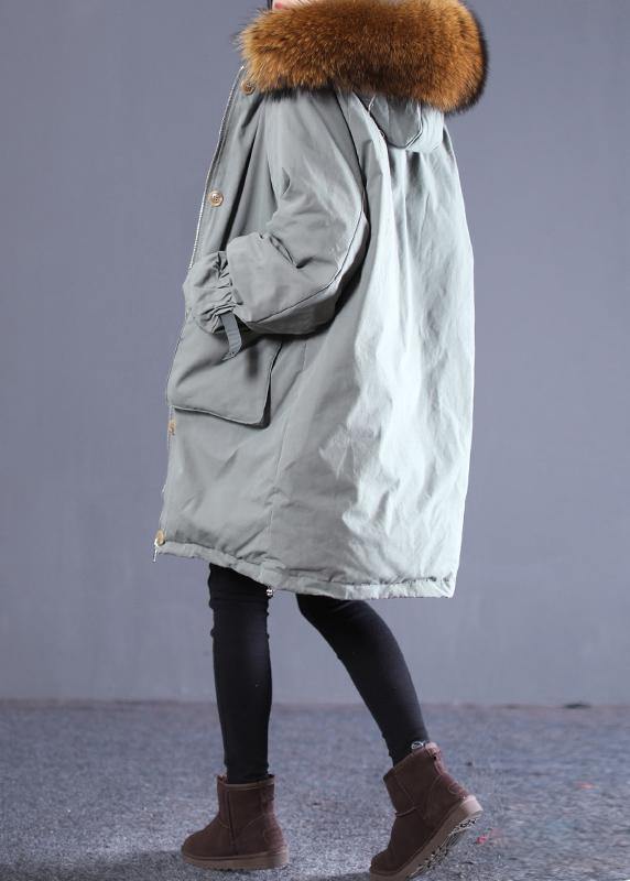 Casual gray green duck down coat oversize down jacket winter hooded zippered flare sleeve fur collar outwear - SooLinen