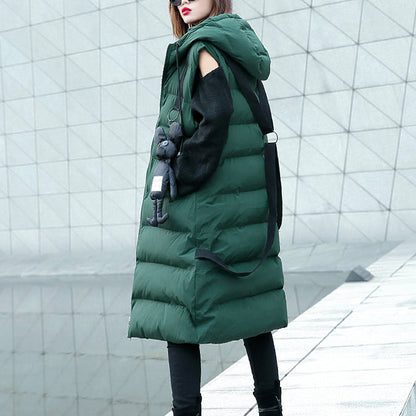 Casual green down jacket plus size hooded zippered parka Casual Sleeveless Animal overcoat
