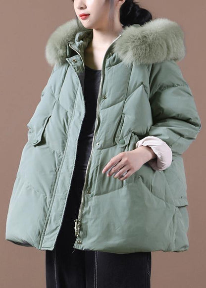 Casual green warm winter coat plus size clothing parka hooded fur collar coats - SooLinen