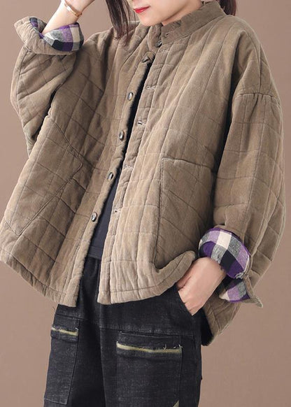 Casual khaki women casual thick stand collar outwear - SooLinen