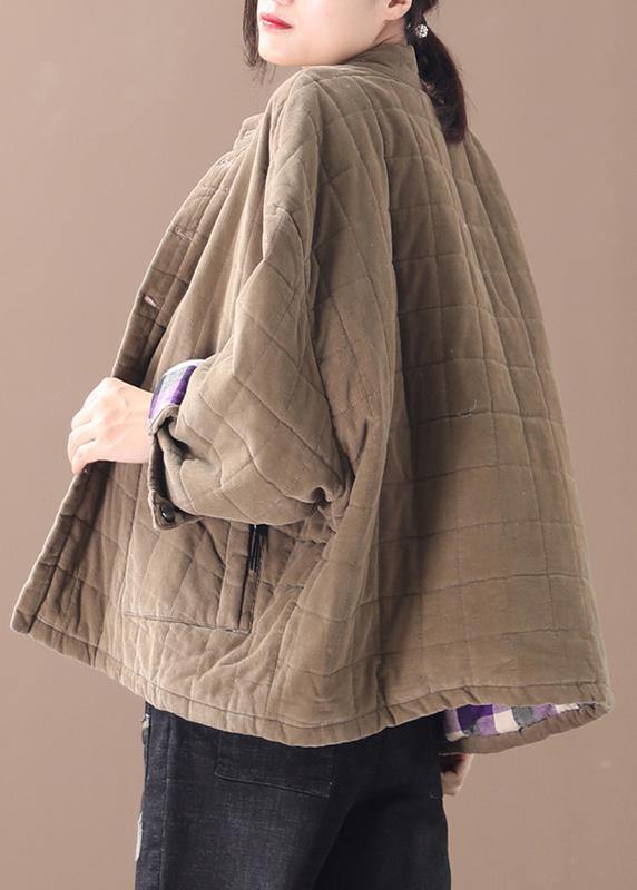 Casual khaki women casual thick stand collar outwear - SooLinen