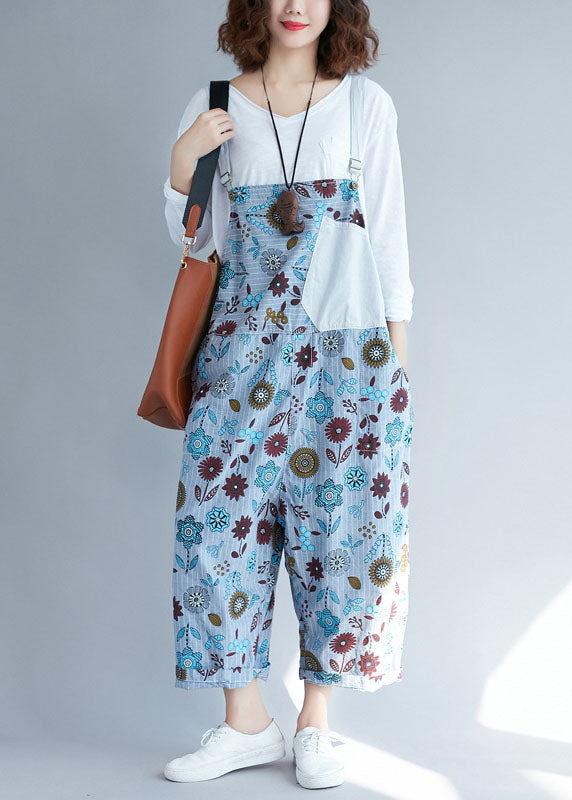 Lässige hellgraue Taschen Patchwork Floral Denim Jumpsuits Frühling
