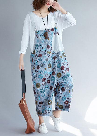 Lässige hellgraue Taschen Patchwork Floral Denim Jumpsuits Frühling