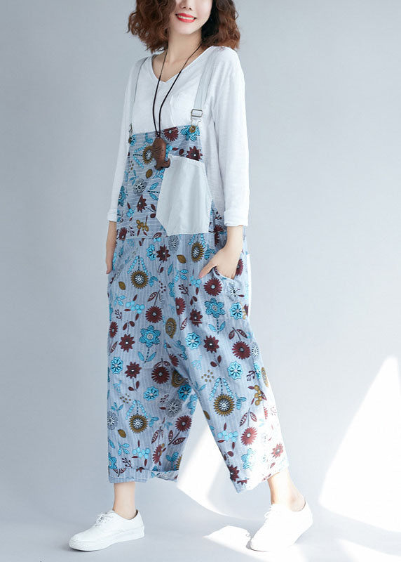 Lässige hellgraue Taschen Patchwork Floral Denim Jumpsuits Frühling