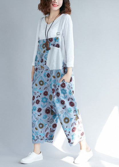 Lässige hellgraue Taschen Patchwork Floral Denim Jumpsuits Frühling