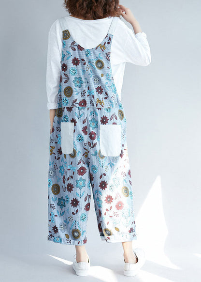 Lässige hellgraue Taschen Patchwork Floral Denim Jumpsuits Frühling