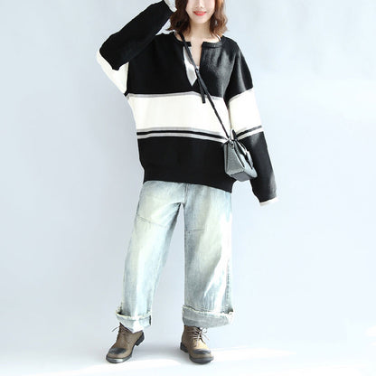 Lässiger Langarm Baumwollpullover Oversize schwarz weiß Patchwork Strickpullover