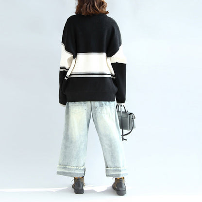 Lässiger Langarm Baumwollpullover Oversize schwarz weiß Patchwork Strickpullover