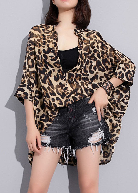 Casual low high design Stehkragen Leopard Chiffon Shirts Frühling