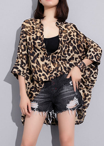 Casual low high design Stehkragen Leopard Chiffon Shirts Frühling