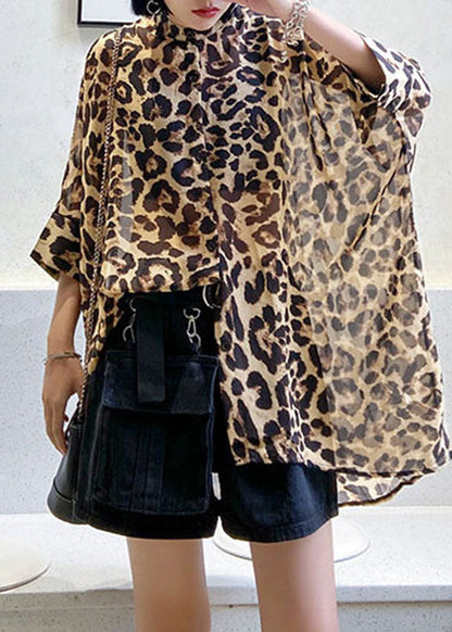 Casual low high design Stehkragen Leopard Chiffon Shirts Frühling