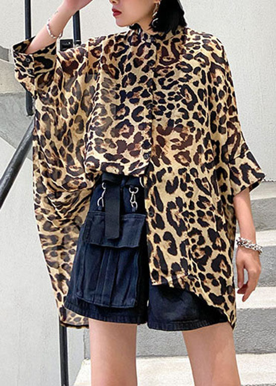 Casual low high design Stehkragen Leopard Chiffon Shirts Frühling