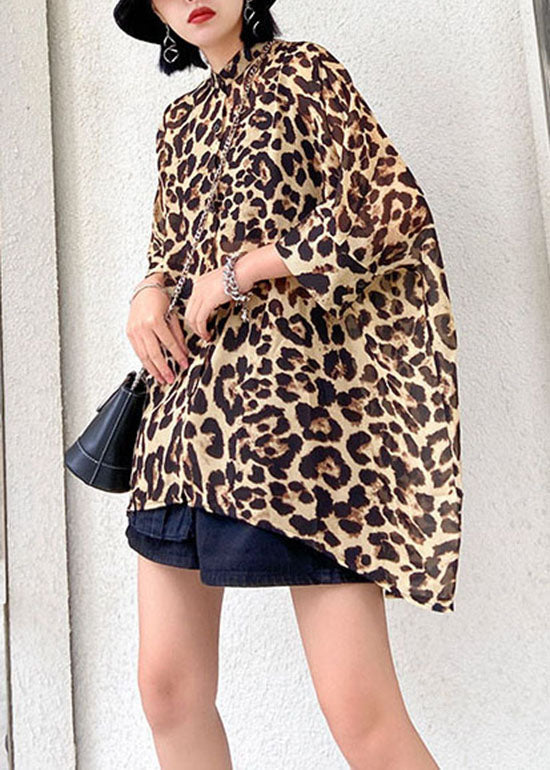 Casual low high design Stehkragen Leopard Chiffon Shirts Frühling