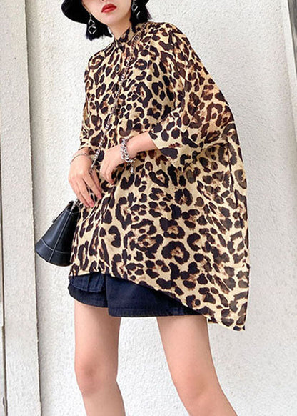 Casual low high design Stehkragen Leopard Chiffon Shirts Frühling