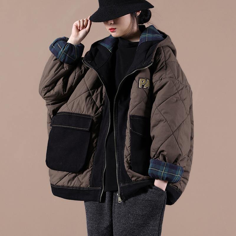 Casual oversize warm winter coat chocolate hooded patchwork plaid Parkas for women - SooLinen