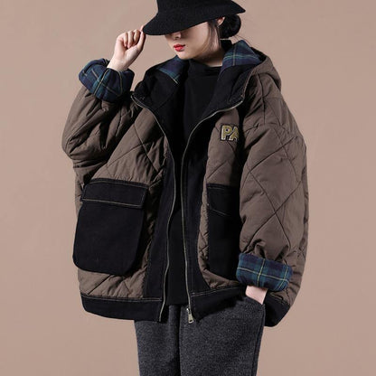 Casual oversize warm winter coat chocolate hooded patchwork plaid Parkas for women - SooLinen