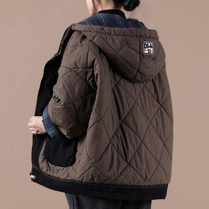 Casual oversize warm winter coat chocolate hooded patchwork plaid Parkas for women - SooLinen
