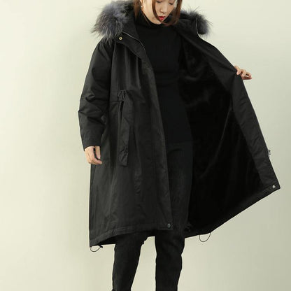 Casual oversized winter outwear black hooded faux fur collar winter parkas - SooLinen