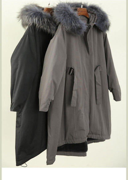 Casual oversized winter outwear black hooded faux fur collar winter parkas - SooLinen