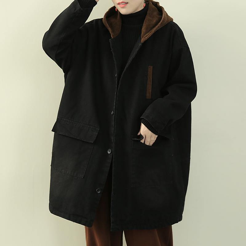 Casual plus size snow outwear black hooded patchwork womens coats - SooLinen