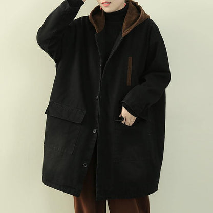 Casual plus size snow outwear black hooded patchwork womens coats - SooLinen