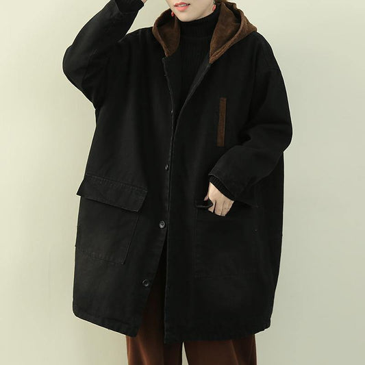 Casual plus size snow outwear black hooded patchwork womens coats - SooLinen