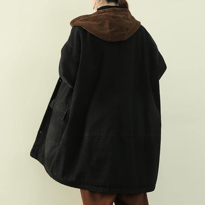 Casual plus size snow outwear black hooded patchwork womens coats - SooLinen