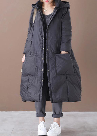 Casual plus size winter jacket overcoat black hooded Button Down warm winter coat - SooLinen