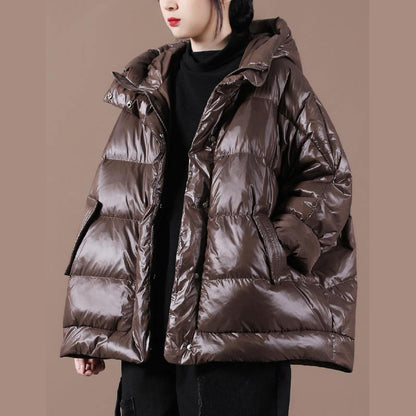 Casual plus size womens parka Jackets chocolate hooded zippered down coat - SooLinen