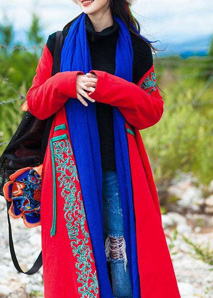 Casual red coat oversized down jacket embroidery winter overcoat - SooLinen